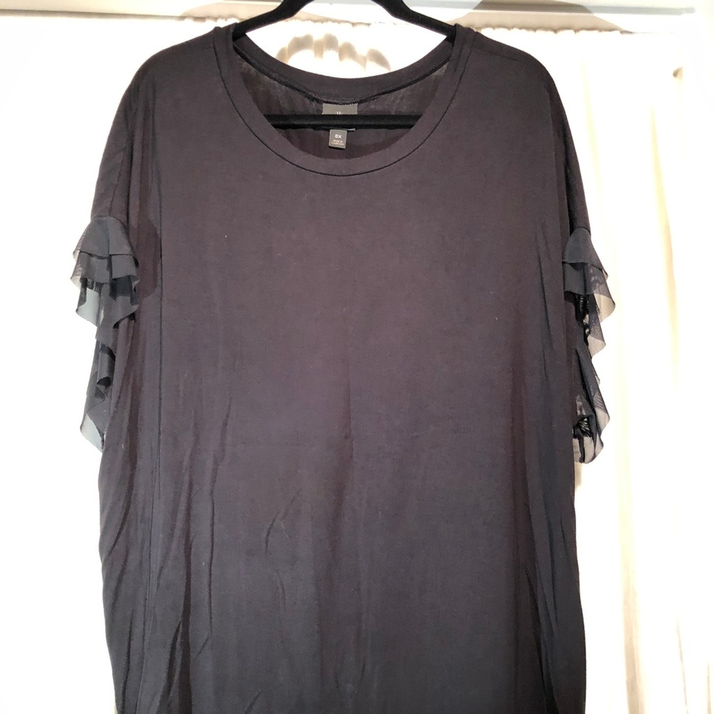 Black Top with Chiffon Ruffle Mesh Short Sleeve Pl